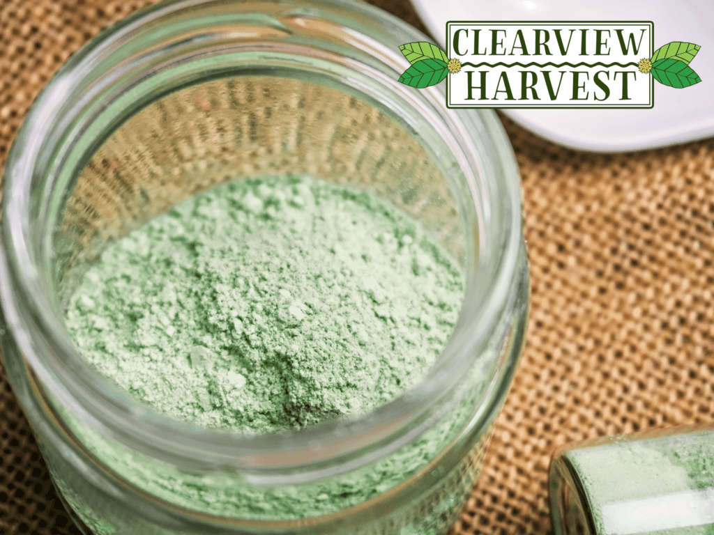 white kratom powder with clearview harvest logo